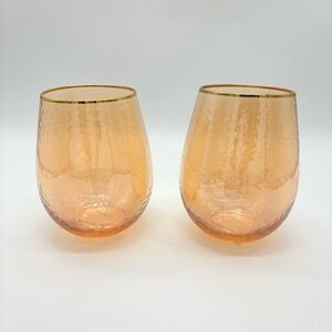 New 2 Anthropologie Zaza Stemless Wine Glasses Honey Luster Marigold Iridescent